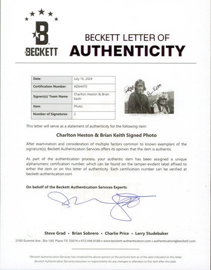 Charlton Heston & Brian Keith The Mountain Men Signed 8x10 Photo BAS #AD64470