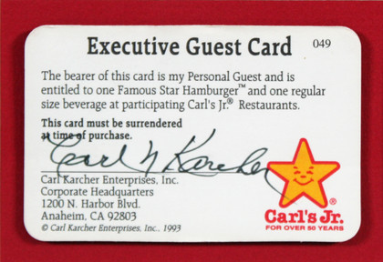 Carl Karcher Carl's Jr. Signed & Framed Executive Guest Card Card BAS #AE09338