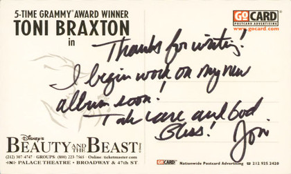 Toni Braxton Beauty and the Beast Authentic Signed 4.25x6 Postcard BAS #BS29284
