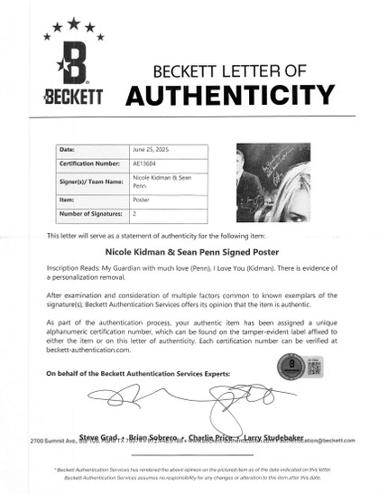 Nicole Kidman & Sean Penn The Interpreter Signed 24x36 Poster BAS #AE33979