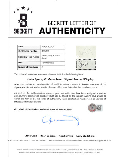 Kevin Spacey & Mena Suvari American Beauty Authentic Signed Framed Display BAS