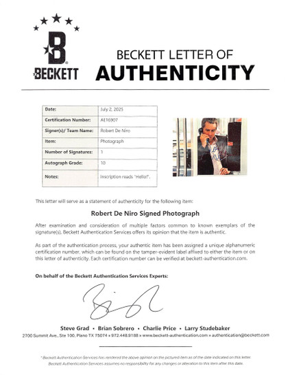 Robert DeNiro Goodfellas Authentic Signed 11x14 Photo Auto Grade 10 BAS #AE16907