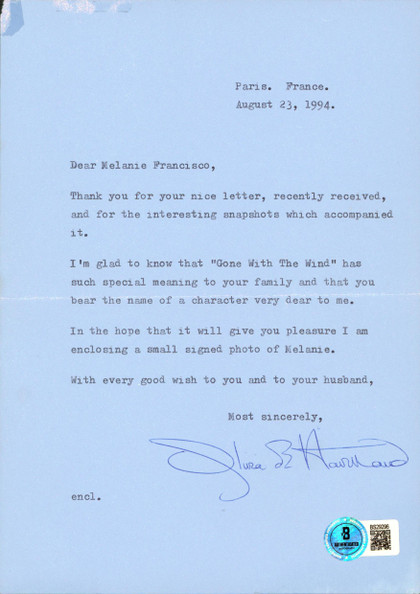 Olivia De Havilland Gone with the Wind Signed 5.75x8.25 Letter BAS #BS29296