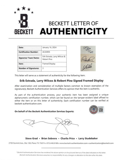 CHiPS (3) Estrada, Wilcox & Pine Signed 3x5 Index Card Framed Display BAS