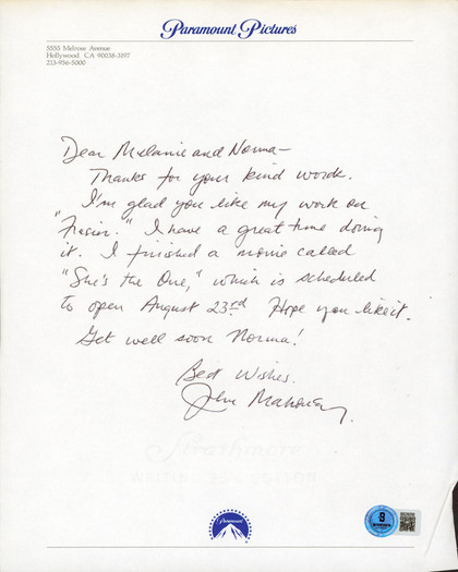 John Mahoney Frasier Authentic Signed 8.5x11 Handwritten Letter BAS #BS29258