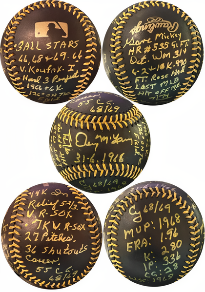 Denny Mc Lain Signed Oml Black Baseball 1968 31 6/Ws/Mvp/2 X Cy/3x As/Mickey Mantle Jsa Version 1