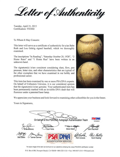 Yankees Babe Ruth & Lou Gehrig Authentic Signed OAL Baseball PSA/DNA #Y03402
