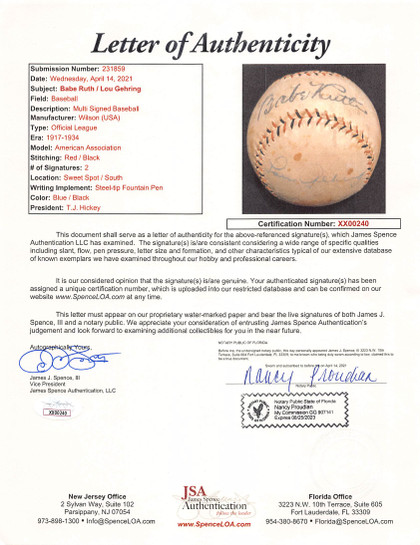 Yankees Babe Ruth & Lou Gehrig Signed Official League Baseball JSA #XX00240