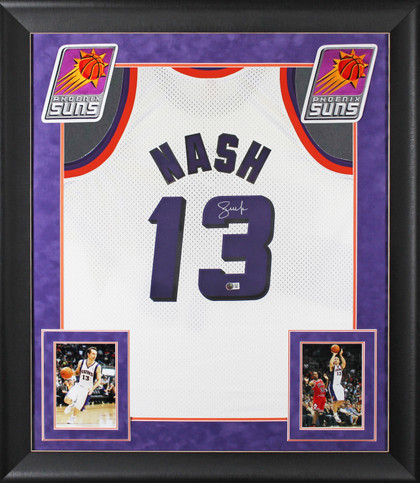 Suns Steve Nash Signed White M&N 1996-97 HWC Swingman Framed Jersey BAS Witness