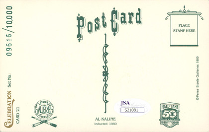 Tigers Al Kaline Authentic Signed 3.5x5.5 Perez Steele Postcard JSA #S21081