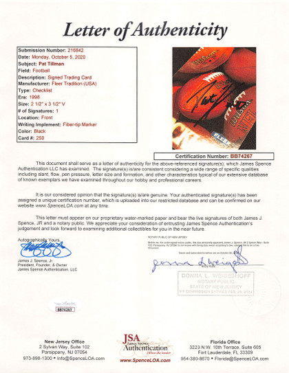 Cardinals Pat Tillman Signed 1998 Fleer Tradition #250 Framed Display JSA LOA