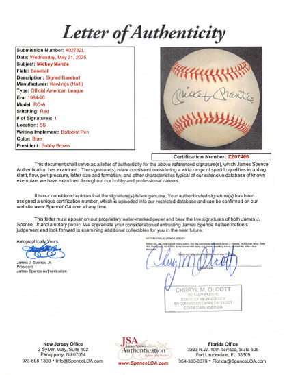 Yankees Mickey Mantle Authentic Signed Bobby Brown OAL Baseball JSA #ZZ07466
