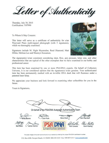 Wayward Pines Cast (5) Shyamalan, Dillon, Leo Signed 8X10 Photo PSA/DNA #Y07990