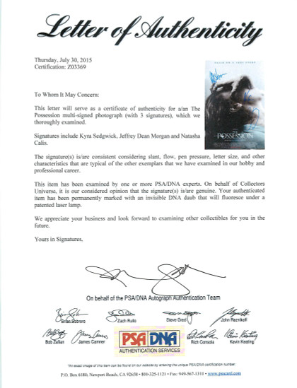 The Possession Cast (3) Sedgwick, Morgan & Calis Signed 12x18 Photo PSA #Z03369