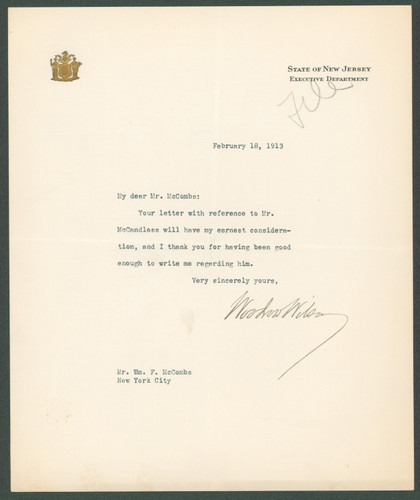 Woodrow Wilson Authentic Signed 7.85x9.5 Letter February 18, 1913 BAS #AB14547