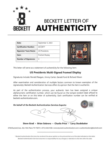 US Presidents (4) Reagan, Carter,  Ford & Nixon Signed Framed Display BAS