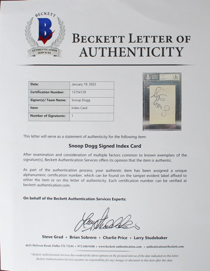 Snoop Dogg Rapper & Actor Authentic Signed 4x6 Index Card BAS Slabbed