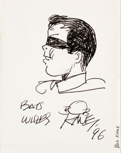 Bob Kane Bats Wishes '96 Authentic Signed 3x4 Robin Sketch BAS #AC33530