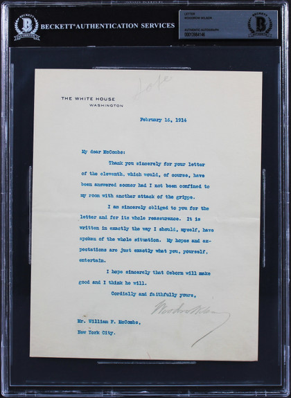 Woodrow Wilson Signed 7x8.75 1914 Letter On White House Letterhead BAS Slab 3
