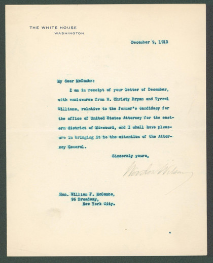 Woodrow Wilson Signed 7x8.8 1913 Letter On White House Letterhead BAS #AB14537