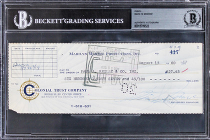 Marilyn Monroe Authentic Signed 3x8.5 1960 MM Productions Check BAS Slabbed
