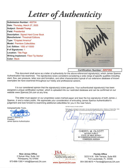 Donald J. Trump Authentic Signed Crippled America Hardcover Book LE JSA #ZZ07292