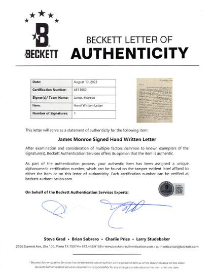 James Monroe Signed 8x10 1830 Handwritten Recommendation Letter BAS #AE13882