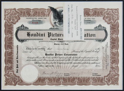 Harry Houdini Signed & Framed 1922 Houdini Picture Corp. Stock Certificate BAS
