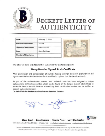 Harry Houdini Signed & Framed 1922 Houdini Picture Corp. Stock Certificate BAS