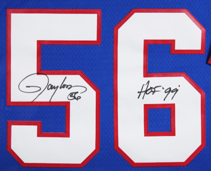 Giants Lawrence Taylor "HOF 99" Signed Blue M&N Framed Jersey BAS Witnessed