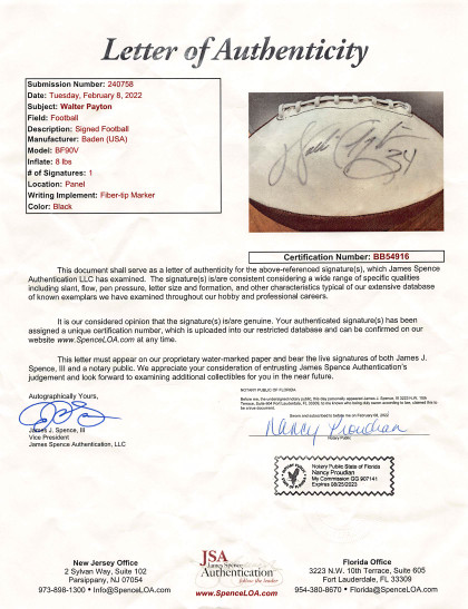 Bears Walter Payton Authentic Signed Baden White Panel Nfl Football JSA #BB54916