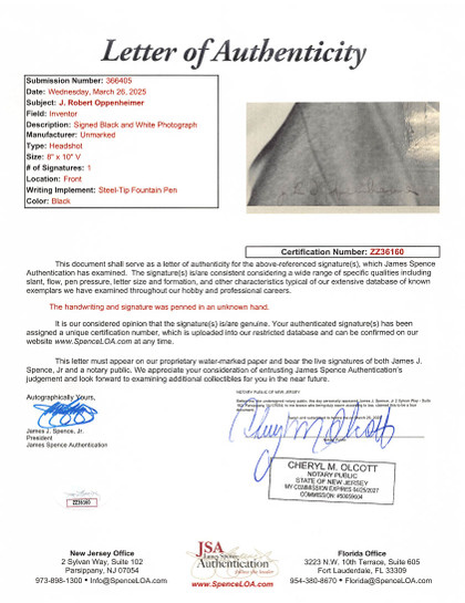 J. Robert Oppenheimer Authentic Signed 8x10 Black & White Photo JSA #ZZ36160