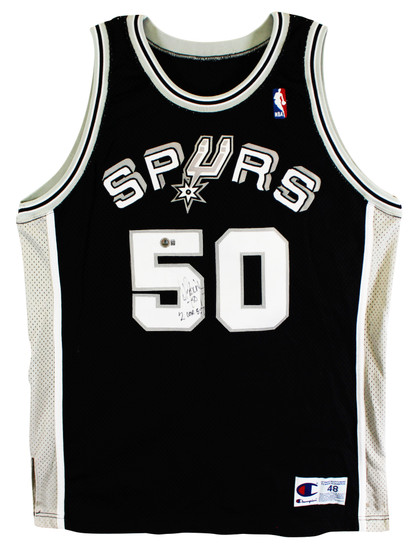 Spurs David Robinson "2 Cor 5:7" Signed Black Champion Jersey BAS #BU55005