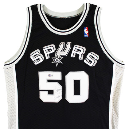 Spurs David Robinson "2 Cor 5:7" Signed Black Champion Jersey BAS #BU55005