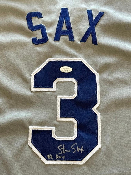 Steve Sax Signed 82 NL ROY Inscription Los Angeles Grey Baseball Jersey (JSA)