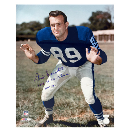 Gino Marchetti Signed HOF 72 1958-59 Champs Inscription Baltimore Pose 2 Football 16x20 Photo (JSA)