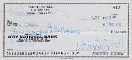 Robert Redford Authentic Double Signed 2.5x6 1983 Personal Check BAS #AE13625
