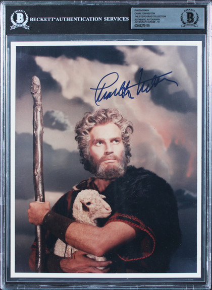 Charlton Heston The Ten Commandments Signed 8x10 Photo Auto 10! BAS Slabbed