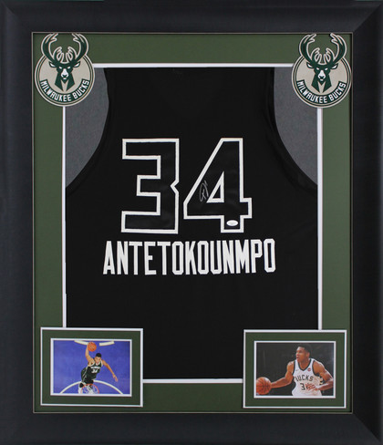 Giannis Antetokounmpo Signed Black Pro Style Framed Jersey w/ Black Numbers JSA
