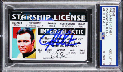 William Shatner Star Trek Signed Captain Kirk License Auto 10! PSA/DNA Slabbed
