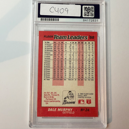 Dale Murphy Signed 1988 Fleer Team Leaders #24 2 Inscriptions PSA Auto Authentic