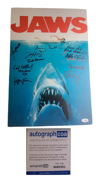 Jaws Cast x9 Signed Autographed 12x18 Canvas Poster ACOA Exact Video Proof ACOA