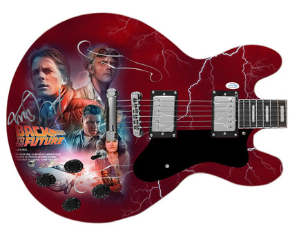 Michael J. Fox Signed Back To The Future Photo Graphics Guitar ACOA Version 3
