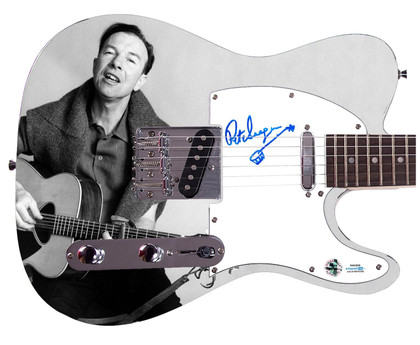 Pete Seeger w Sketch Signed Custom 1/1 Graphics Photo Guitar ACOA