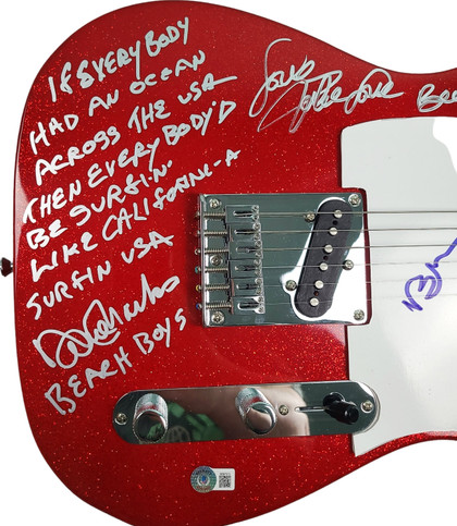 The Beach Boys Autographed Fender Guitar w Surfin USA Lyrics Exact Proof BAS Witness