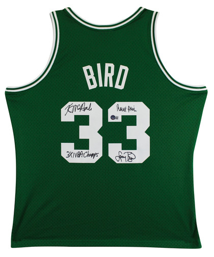 Celtics (3) Bird, Parish & McHale Signed Green M&N Swingman Jersey BAS Witnessed