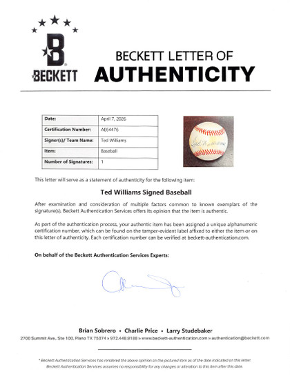 Red Sox Ted Williams Authentic Signed Bobby Brown OAL Baseball BAS #AE64476