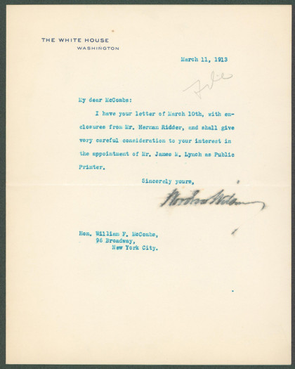 Woodrow Wilson Signed 7x8.8 1913 Letter On White House Letterhead BAS #AB14531