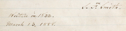 Samuel Francis Smith Signed 8x10 Hand Written "My country" Poem BAS #AE09505