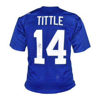 Y.A Tittle Signed Pro Edition Blue Football Jersey (JSA) HOF Inscription Included